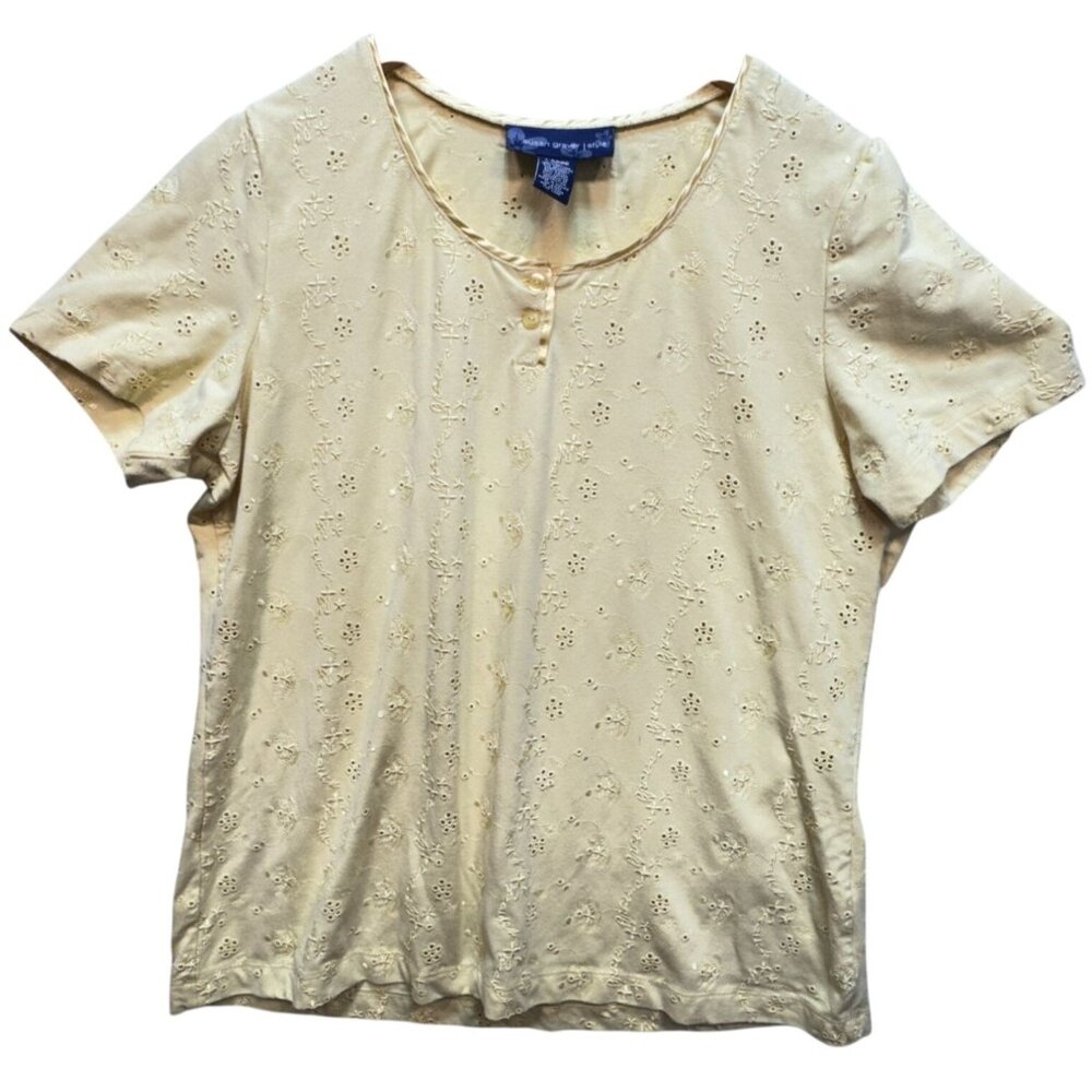 Susan Graver Women's Eyelet Henley Top Short Sleeve Stretch Size Large Beige